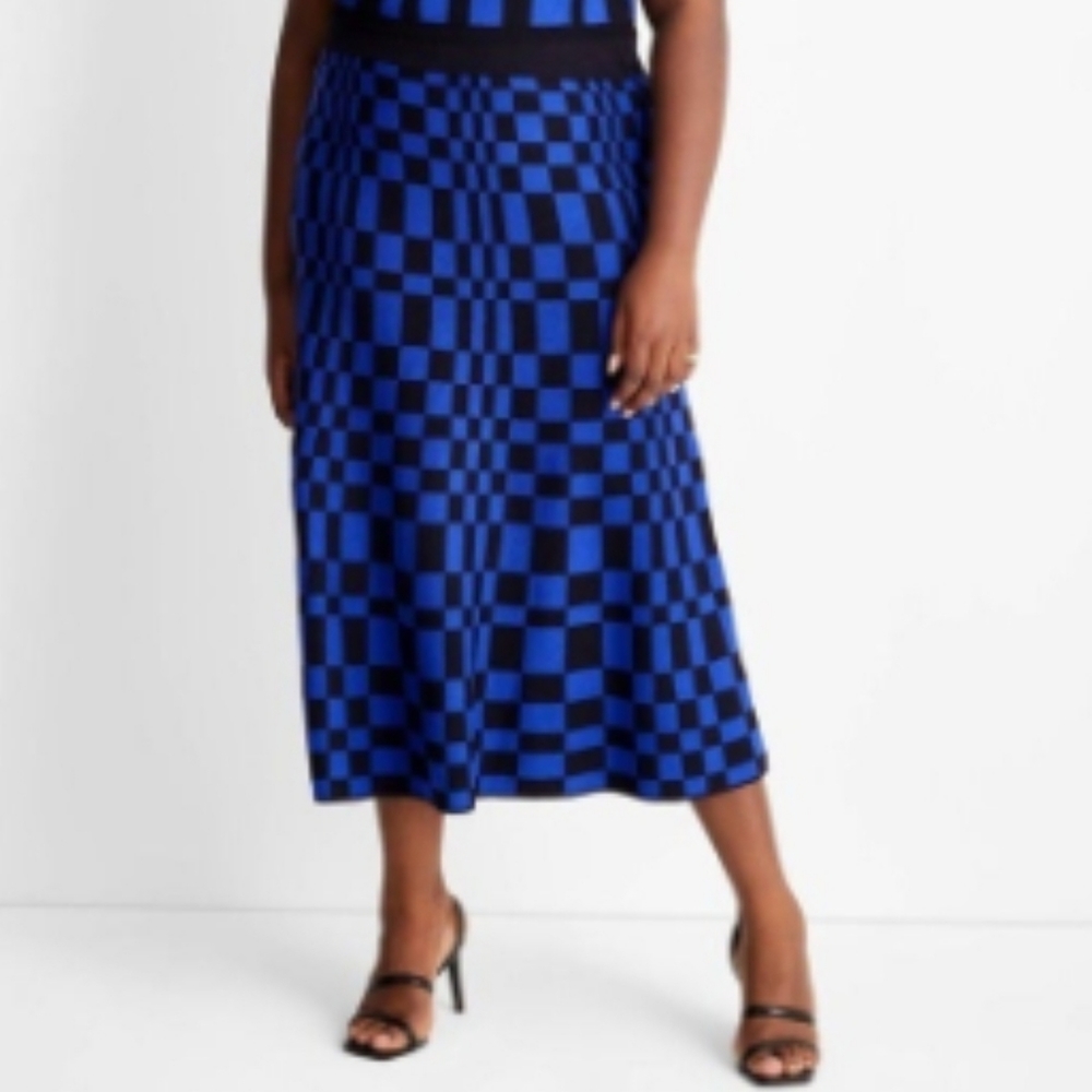 Blue Checkerboard Midi Skirt
